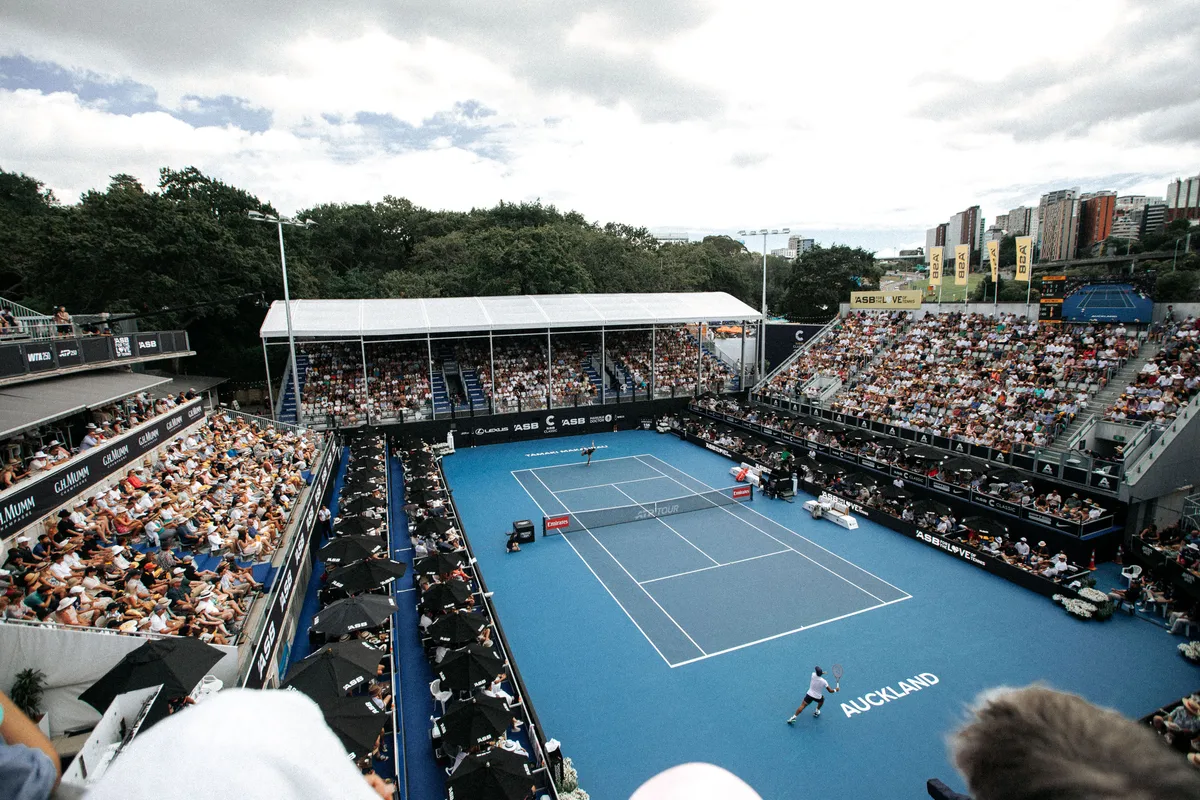 Elevated view of Centre Court and the stands at the ASB Classic