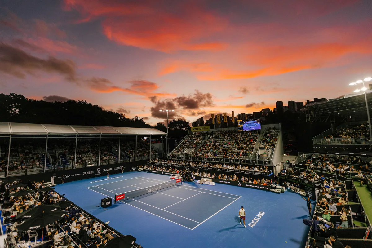 Centre Court under a sunset sky at the ASB Classic