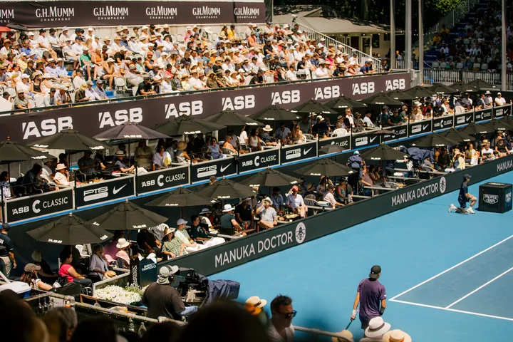 Courtside hospitality boxes and spectators at the ASB Classic